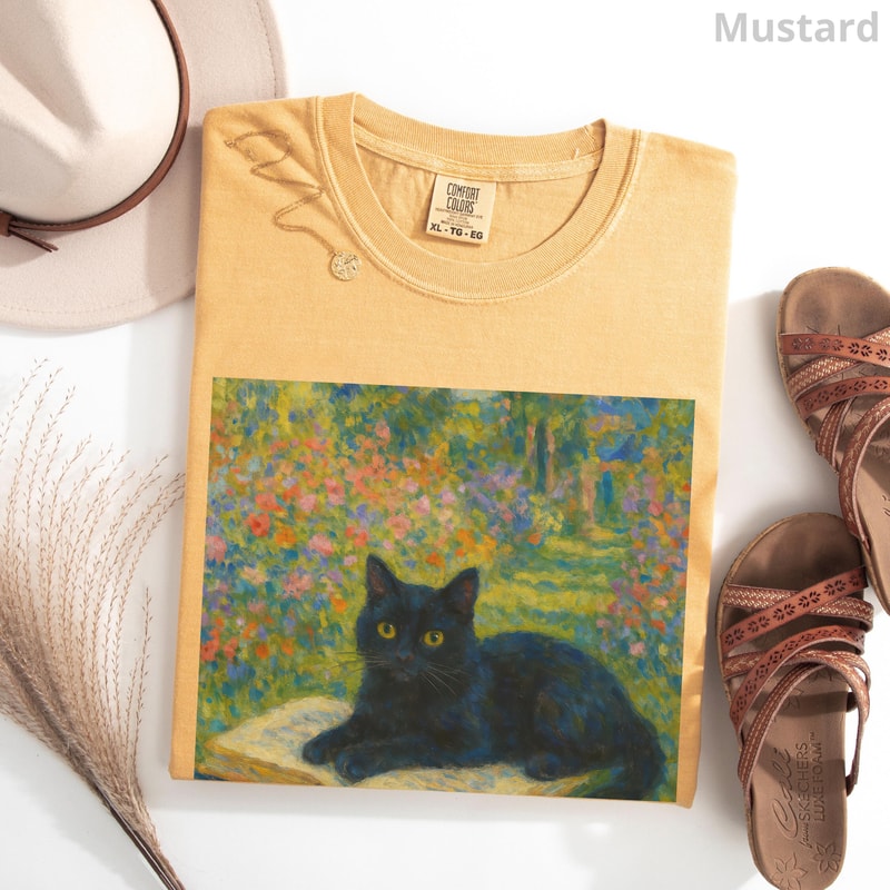 Monet Cat Shirt 100 Cotton Impressionist Black Cat Art Tee Vintage Art TShirt 3