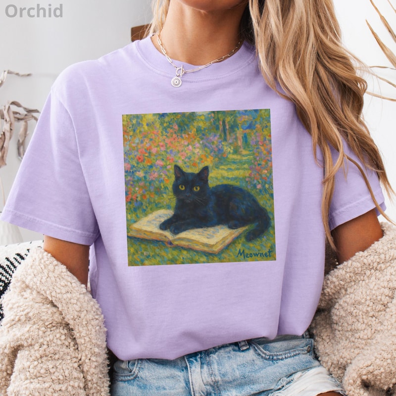 Monet Cat Shirt 100 Cotton Impressionist Black Cat Art Tee Vintage Art TShirt 5