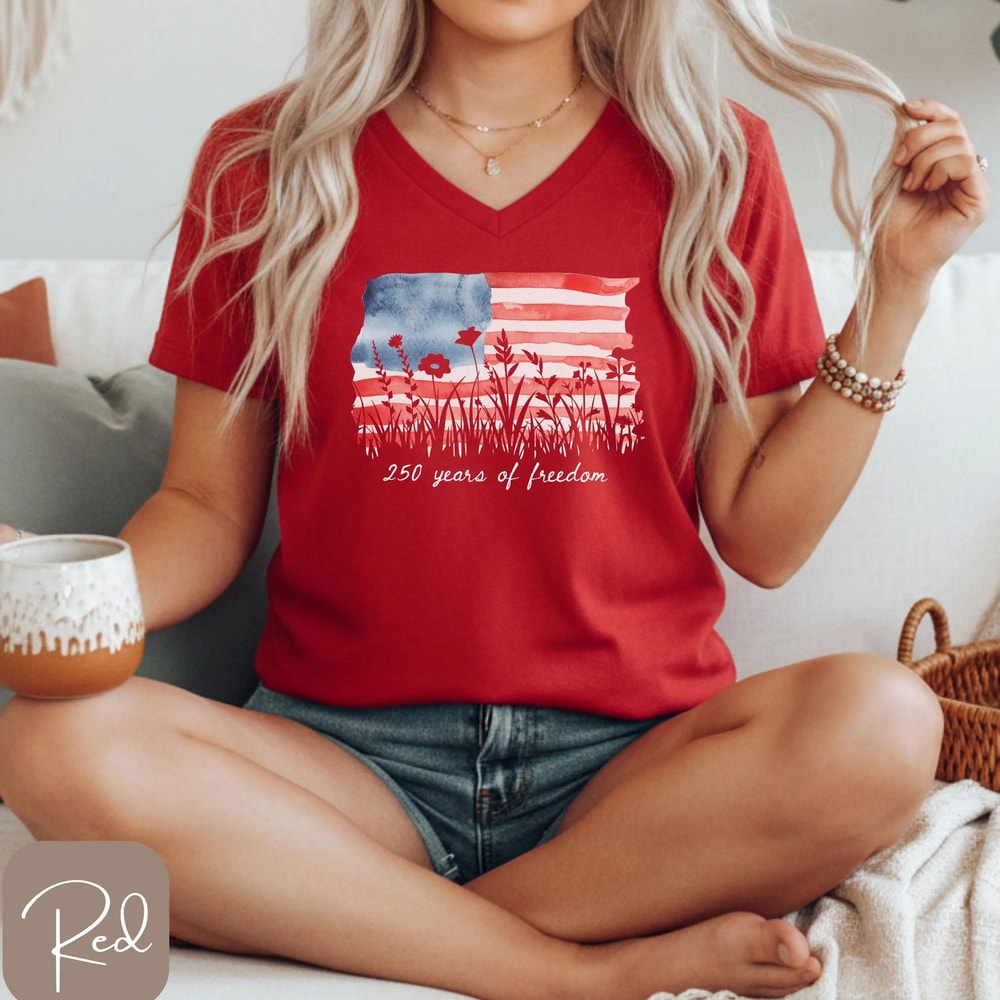 Womens Patriotic V Neck Shirt 250 Years Of Freedom Floral America Tee 0