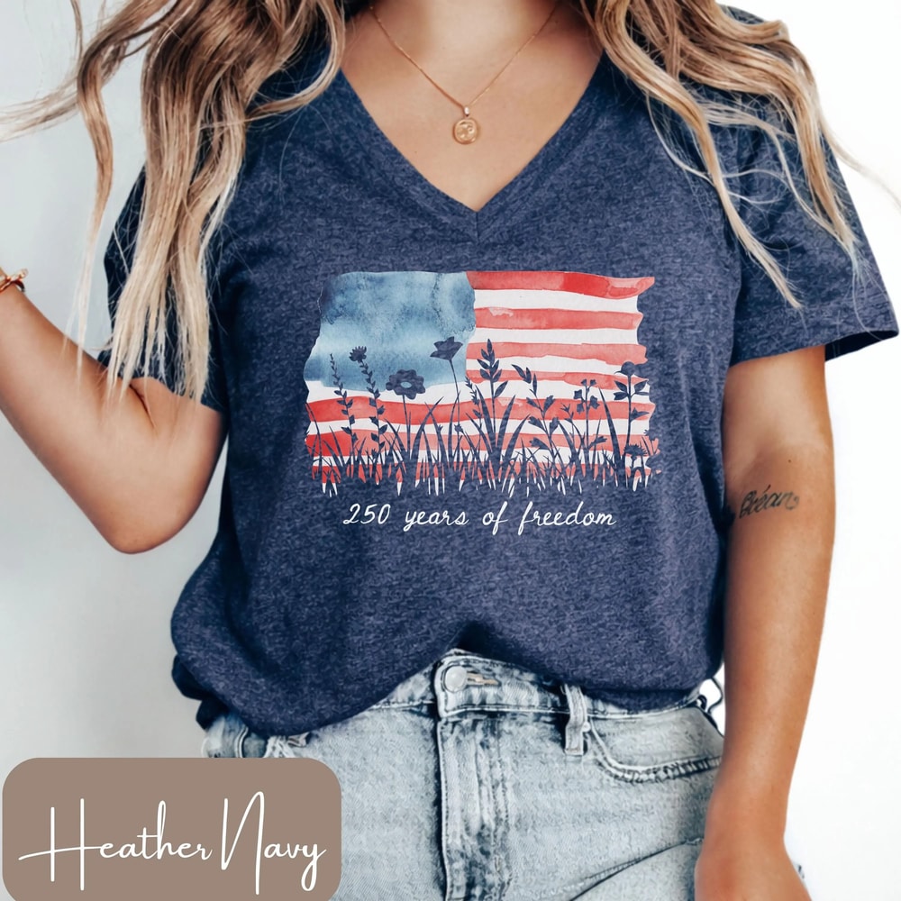 Womens Patriotic V Neck Shirt 250 Years Of Freedom Floral America Tee 2