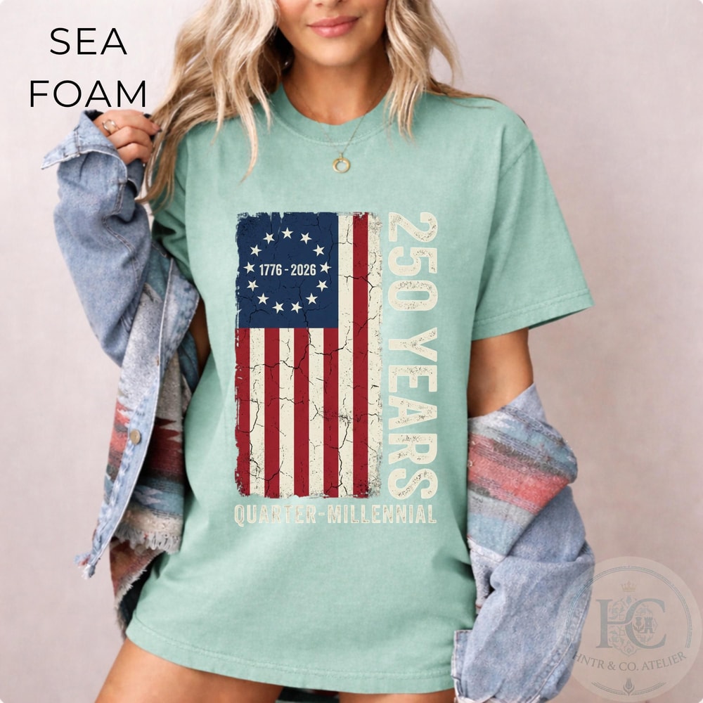 Vintage USA Flag Quarter Millennial Shirt America 250 Patriotic Retro Tee 0