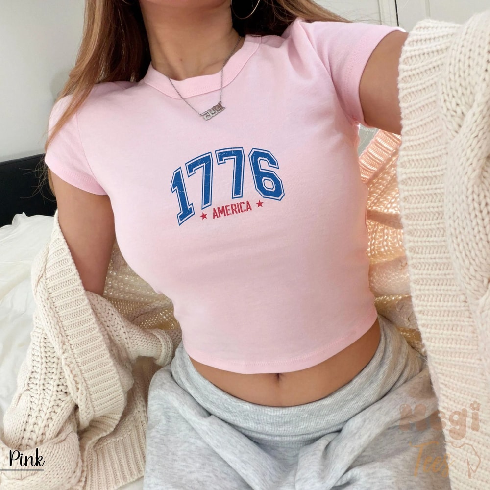 Retro 1776 America Baby Tee 4th Of July Patriotic Y2K Crop Top Shirt 3