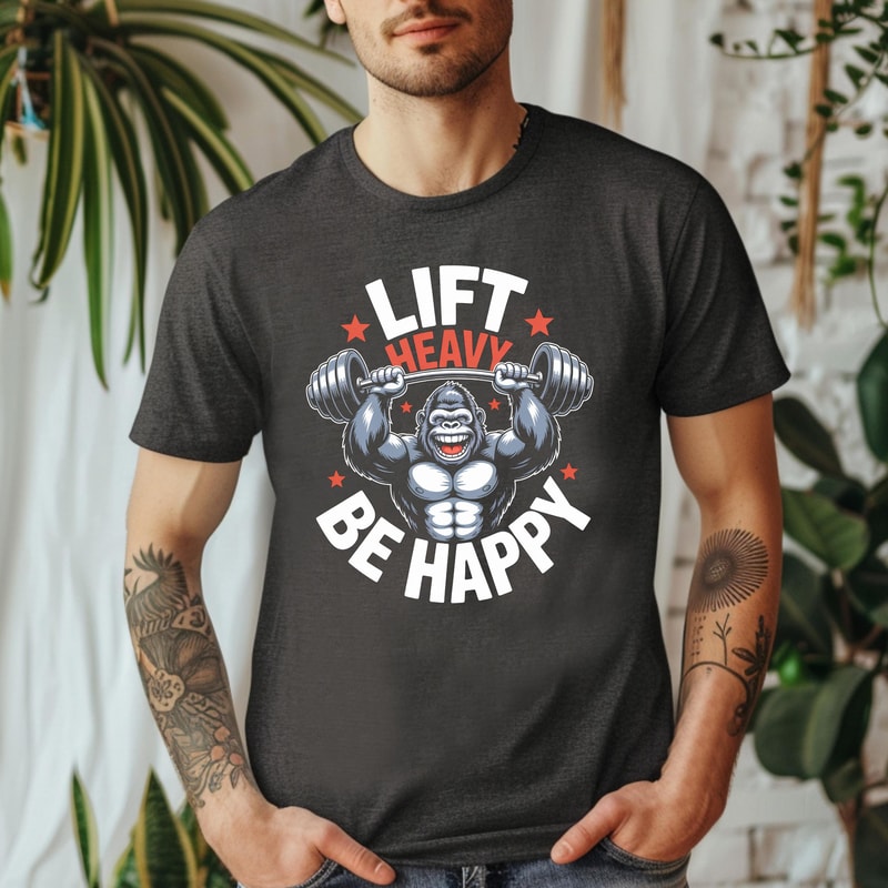 Lift Heavy Be Happy Gorilla Shirt Funny Gym Workout Tee Motivational Weightlifting Shirt 0