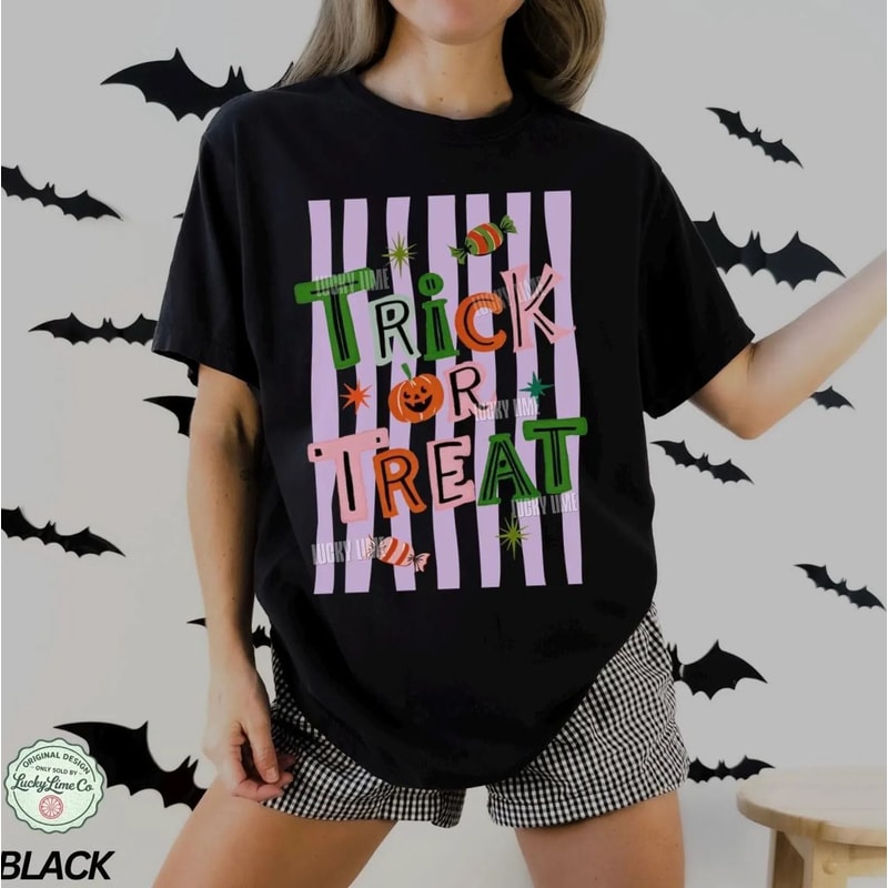 Trick Or Treat Halloween Shirt Cute Pink Spooky Season Tee Pumpkin Candy Graphic Fall Oversized T S 4
