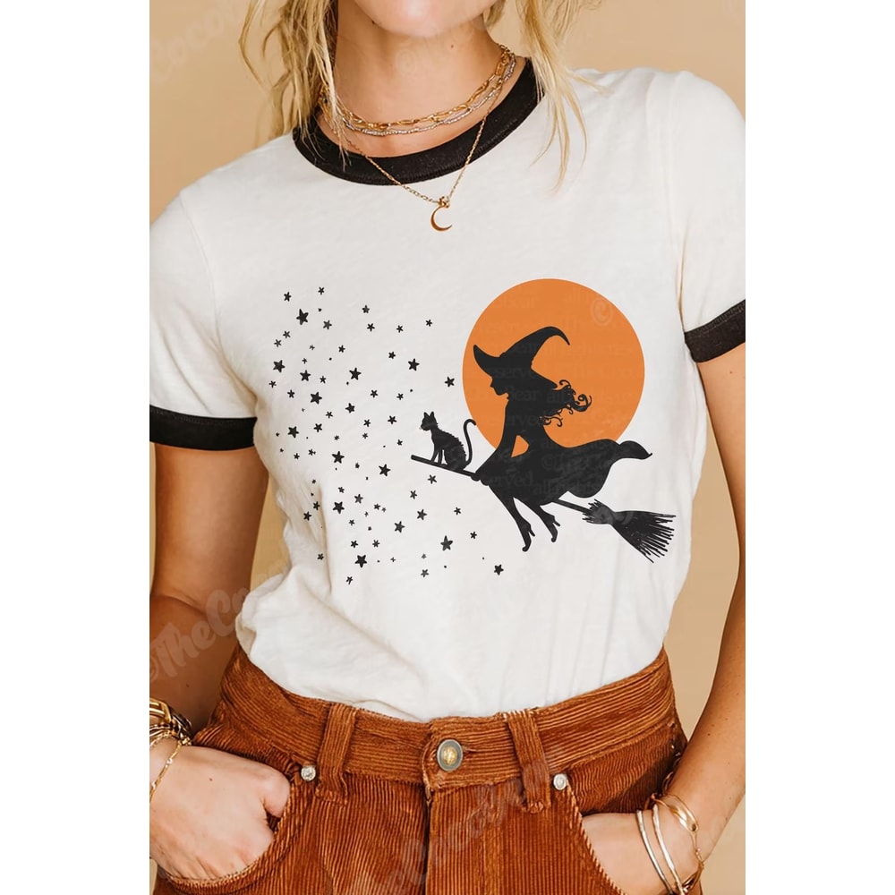 Vintage Witch Halloween Shirt Retro Spooky Season Tee Cute Witchy Graphic Ringer T Shirt Fall Hallo 0