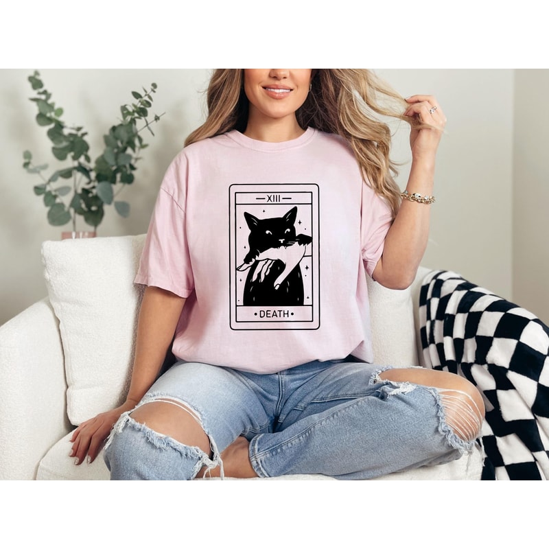 Black Cat Tarot Card Shirt Gothic Halloween Tee Witchy Cat Graphic T Shirt Spooky Season Alternativ 1