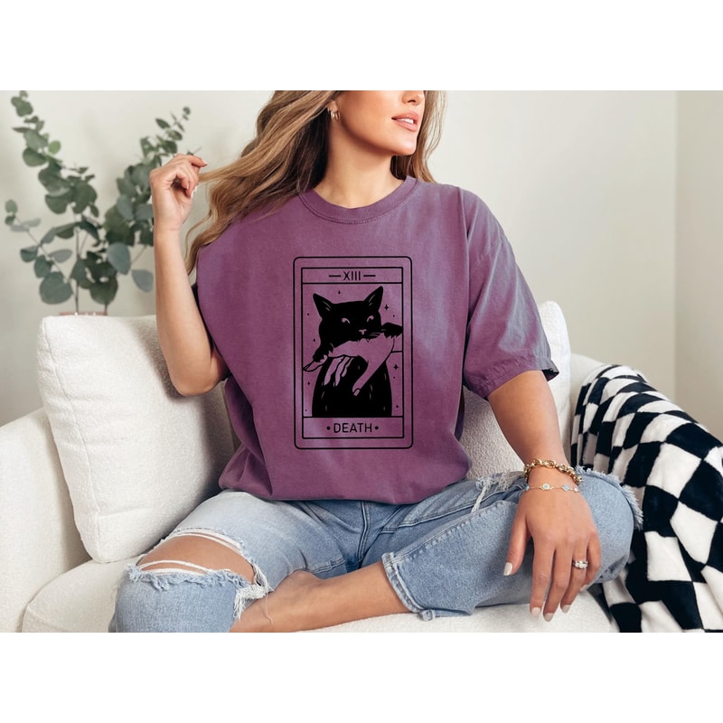 Black Cat Tarot Card Shirt Gothic Halloween Tee Witchy Cat Graphic T Shirt Spooky Season Alternativ 2
