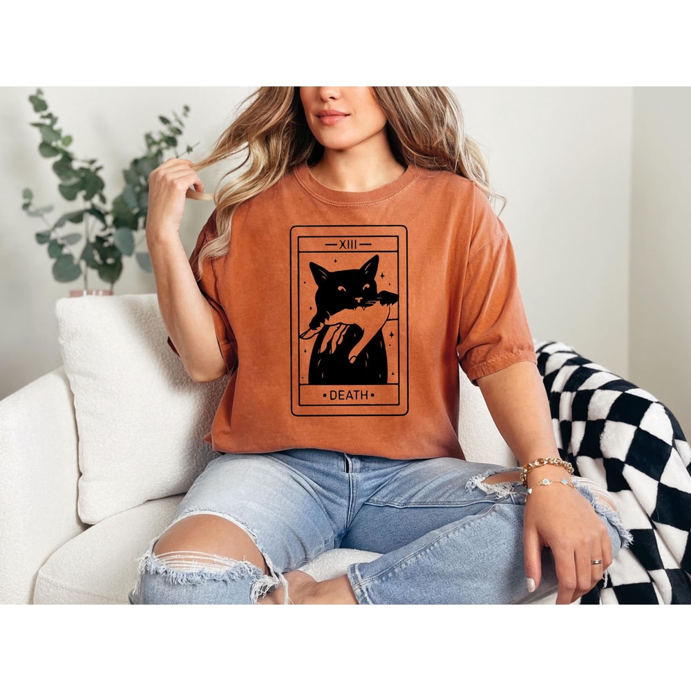 Black Cat Tarot Card Shirt Gothic Halloween Tee Witchy Cat Graphic T Shirt Spooky Season Alternativ 3