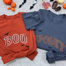 spooky boo halloween sweatshirt cute embroidered fall crewneck bat pumpkin patch matching spooky season pullover