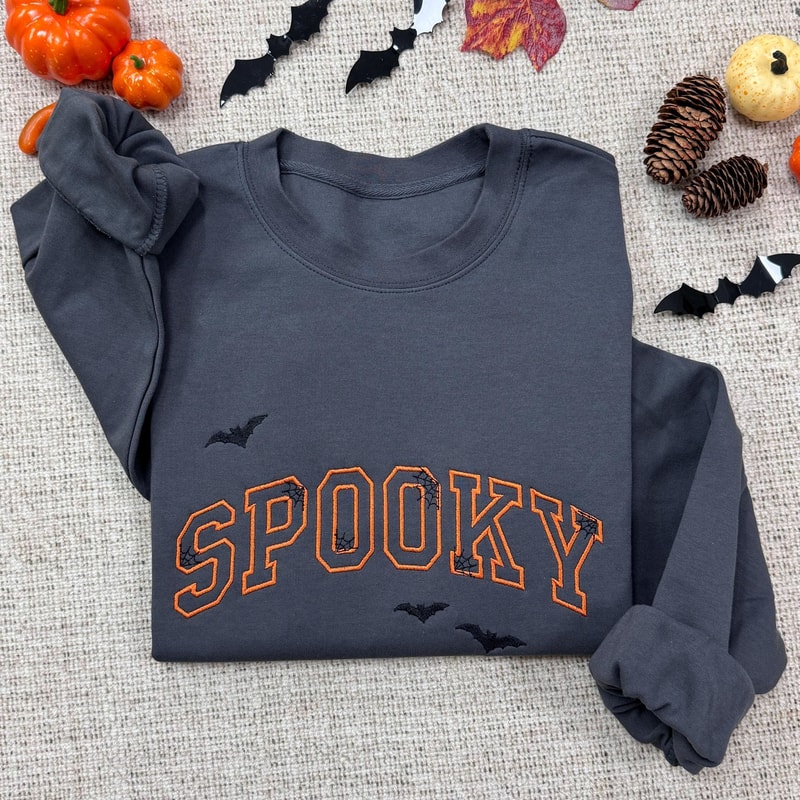 Spooky Boo Halloween Sweatshirt Cute Embroidered Fall Crewneck Bat Pumpkin Patch Matching Spooky Se 1