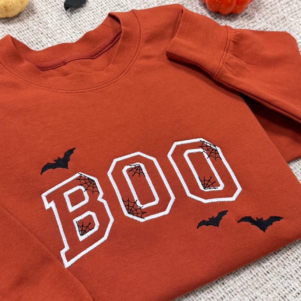 Spooky Boo Halloween Sweatshirt Cute Embroidered Fall Crewneck Bat Pumpkin Patch Matching Spooky Se 2