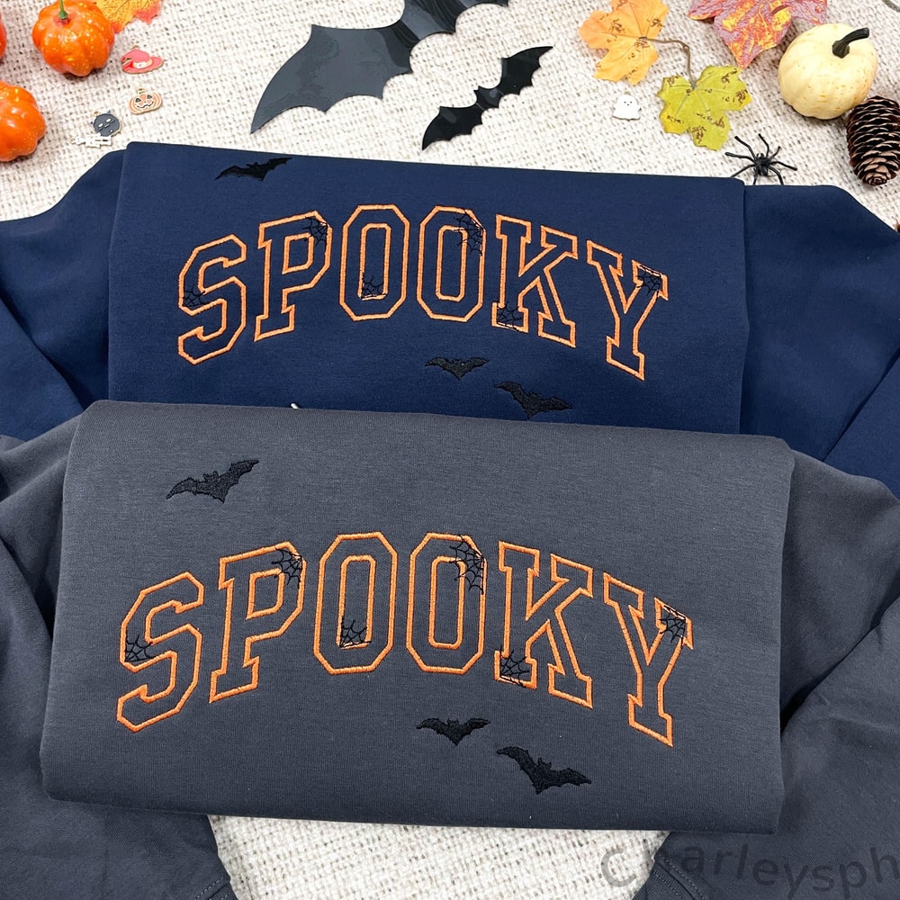 Spooky Boo Halloween Sweatshirt Cute Embroidered Fall Crewneck Bat Pumpkin Patch Matching Spooky Se 3