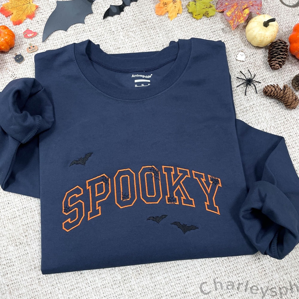 Spooky Boo Halloween Sweatshirt Cute Embroidered Fall Crewneck Bat Pumpkin Patch Matching Spooky Se 4