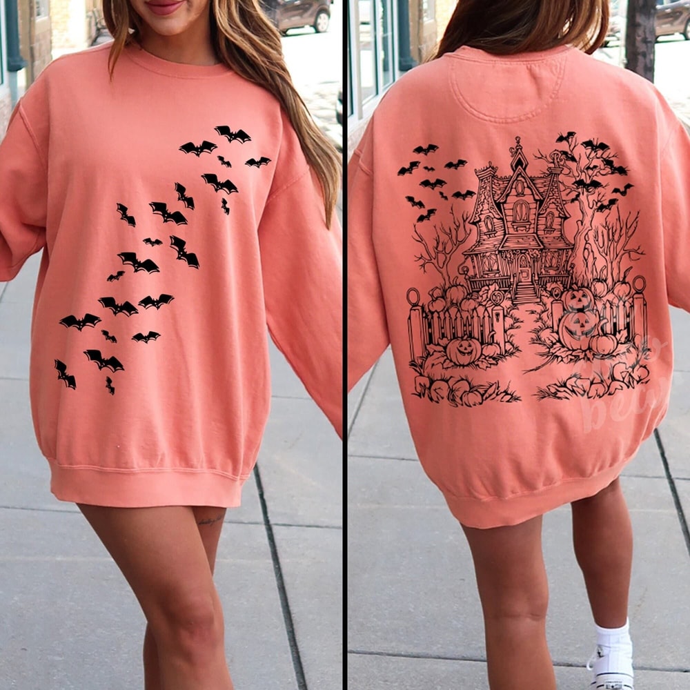 Halloween Haunted House Sweatshirt Spooky Bat Crewneck Cute Ghost House Fall Oversized Halloween Pu