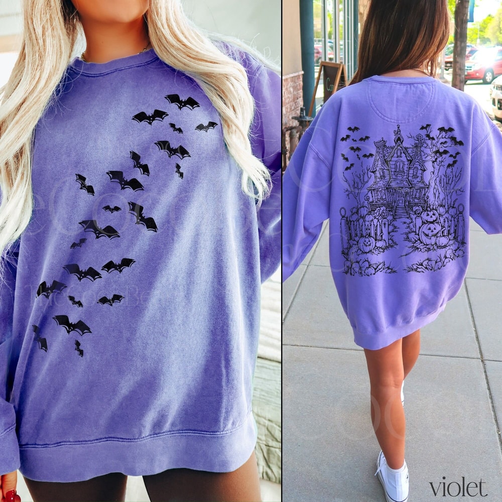 Halloween Haunted House Sweatshirt Spooky Bat Crewneck Cute Ghost House Fall Oversized Halloween Pu