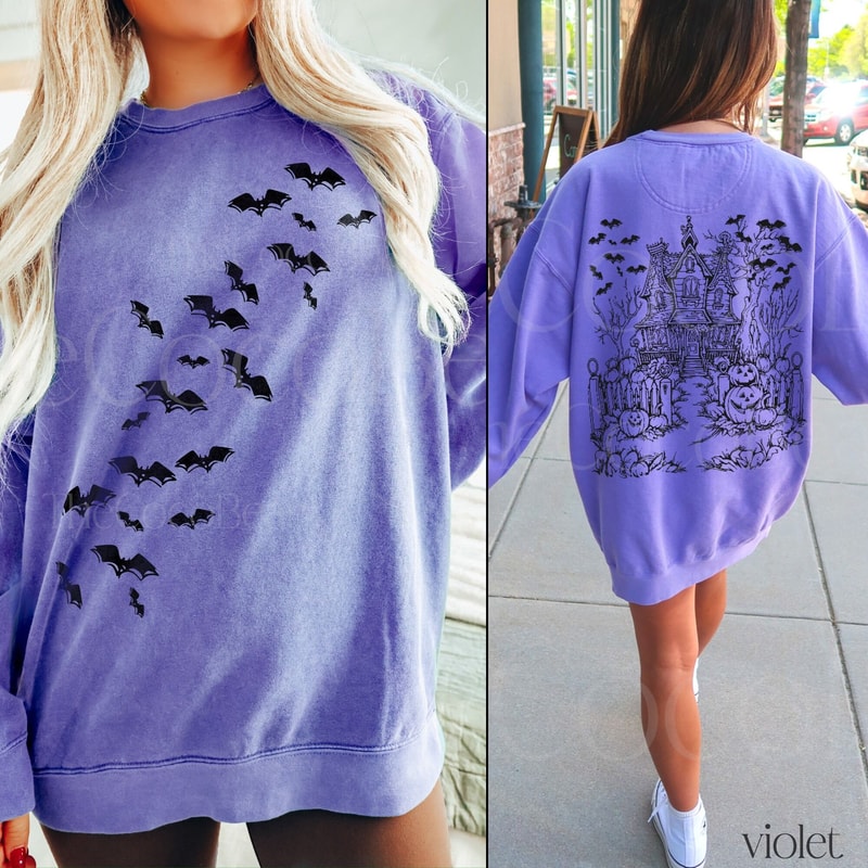 Halloween Haunted House Sweatshirt Spooky Bat Crewneck Cute Ghost House Fall Oversized Halloween Pu