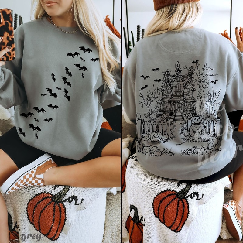 Halloween Haunted House Sweatshirt Spooky Bat Crewneck Cute Ghost House Fall Oversized Halloween Pu