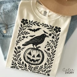 halloween raven pumpkin shirt spooky crow graphic tee cottagecore fall witchy halloween t shirt gothic autumn
