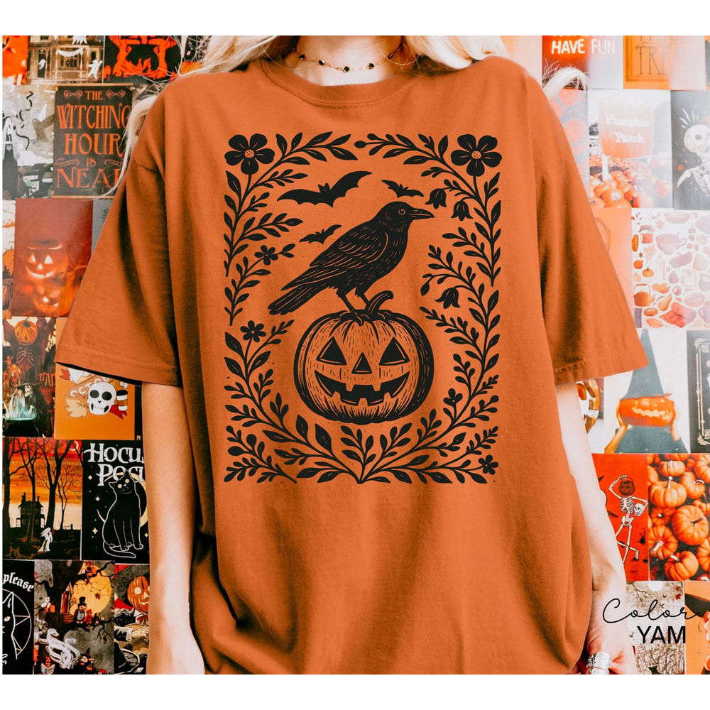Halloween Raven Pumpkin Shirt Spooky Crow Graphic Tee Cottagecore Fall Witchy Halloween T Shirt Got 1