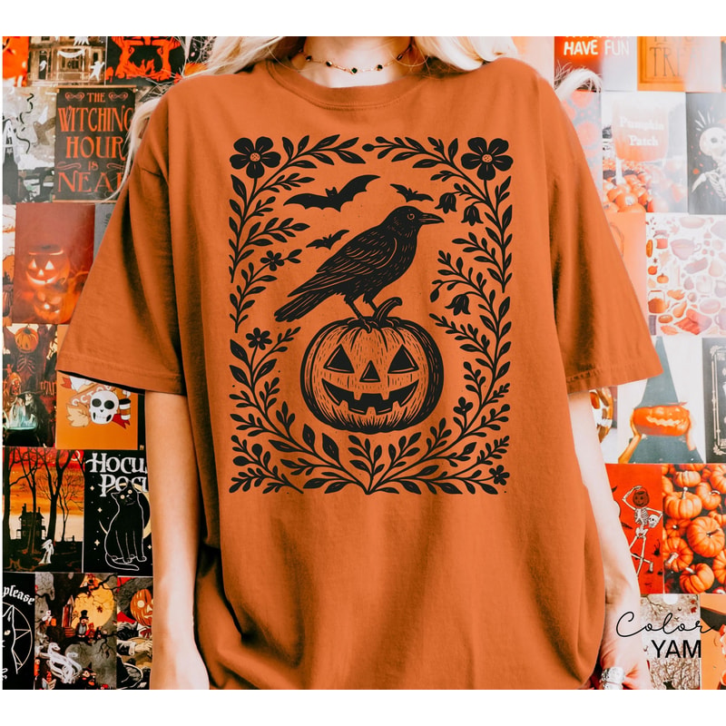 Halloween Raven Pumpkin Shirt Spooky Crow Graphic Tee Cottagecore Fall Witchy Halloween T Shirt Got 1