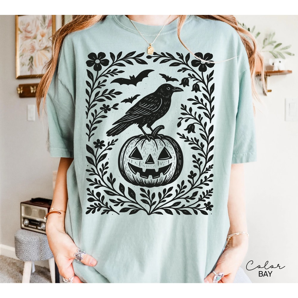 Halloween Raven Pumpkin Shirt Spooky Crow Graphic Tee Cottagecore Fall Witchy Halloween T Shirt Got 2
