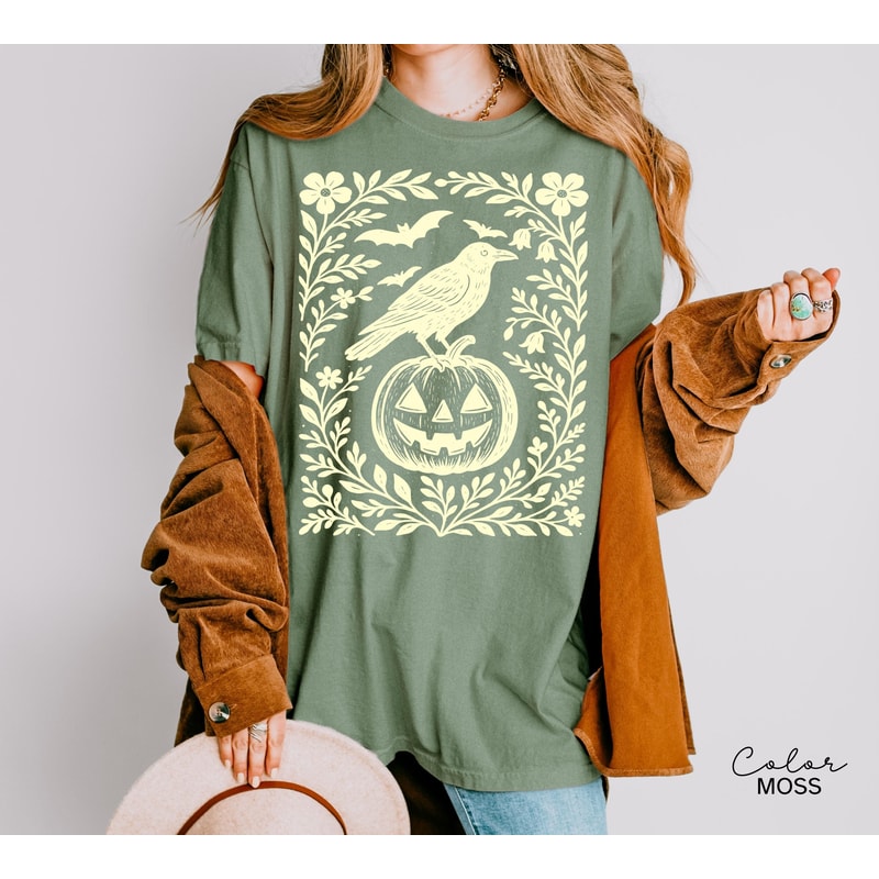 Halloween Raven Pumpkin Shirt Spooky Crow Graphic Tee Cottagecore Fall Witchy Halloween T Shirt Got 3