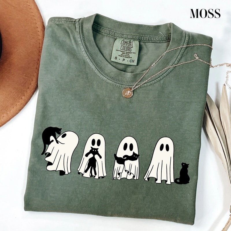 Cute Ghost Halloween Shirt Black Cat Spooky Season Tee Funny Ghost Graphic T Shirt Fall Halloween O 0