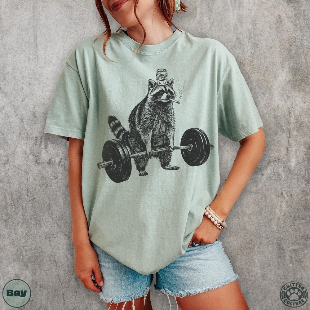 Smoking Raccoon Deadlift Funny Gym TShirt Powerlifting Humor Tee 3