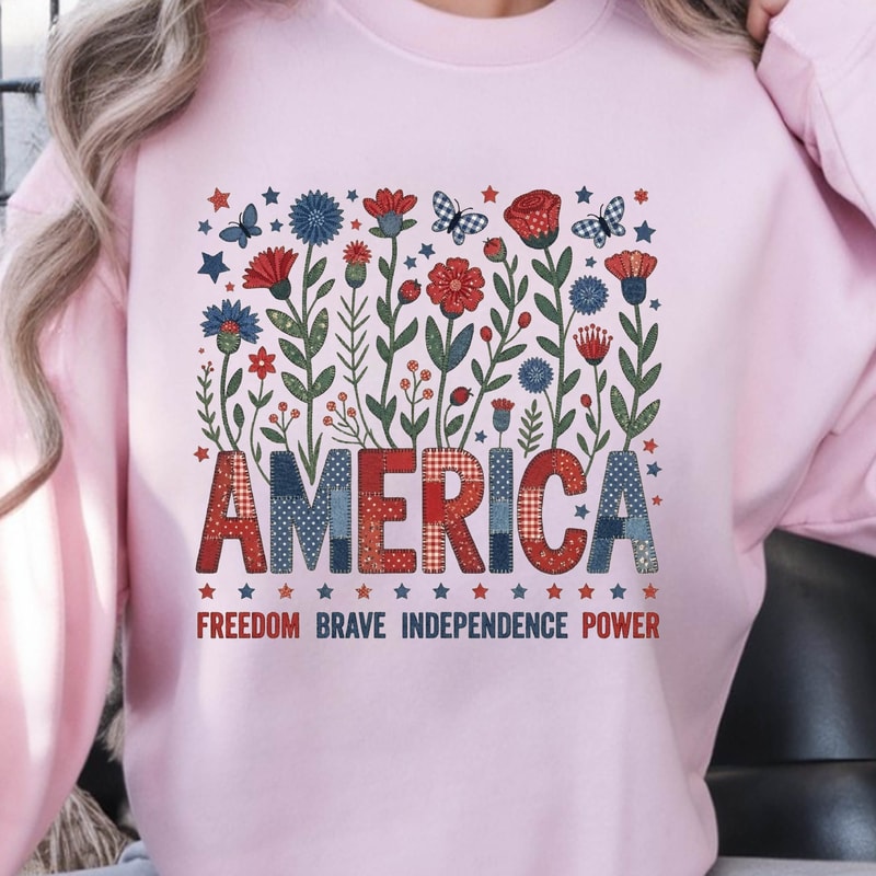 Floral America Patriotic 4th Of July Graphic Tee 0