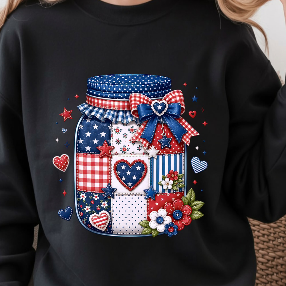 4th Of July Patriotic Patchwork Mason Jar TShirt Independence Day USA Rustic Flag Tee 1