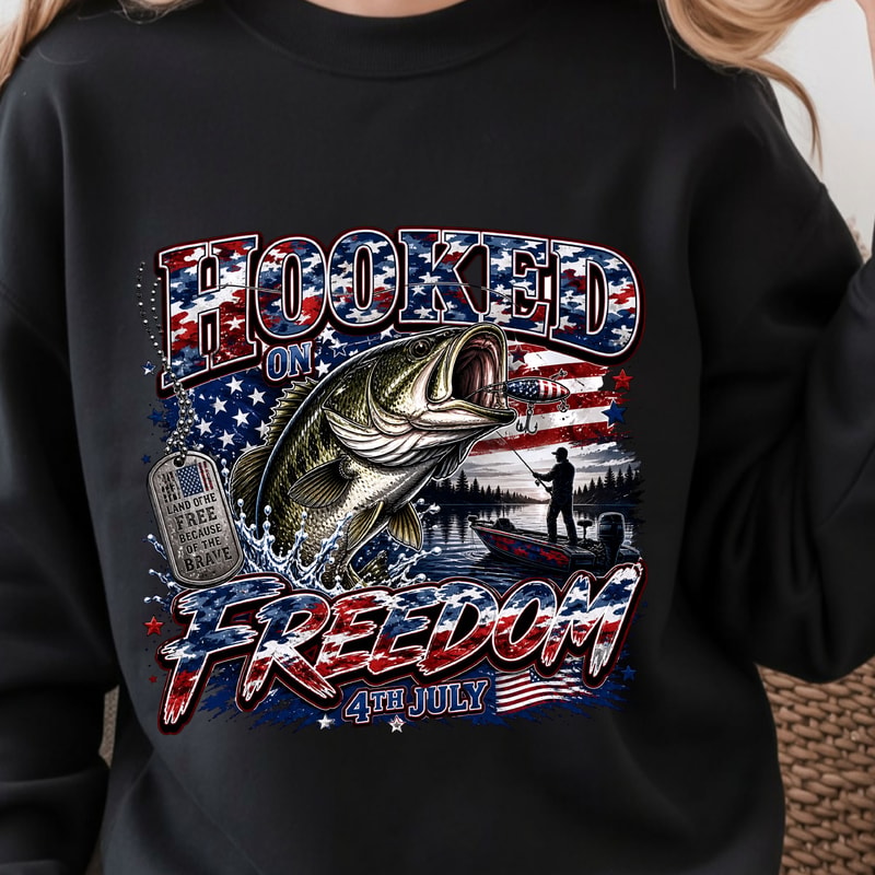 Hooked On Freedom 4th Of July TShirt Patriotic Fishing USA Shirt Independence Day Outdoor Tee 0