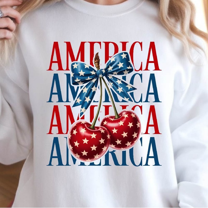 America 4th Of July Cherry Coquette Bow Graphic Tee 0