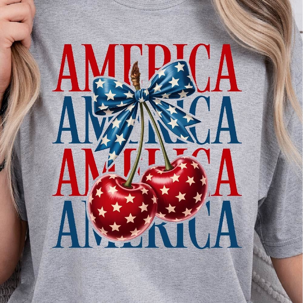America 4th Of July Cherry Coquette Bow Graphic Tee 2