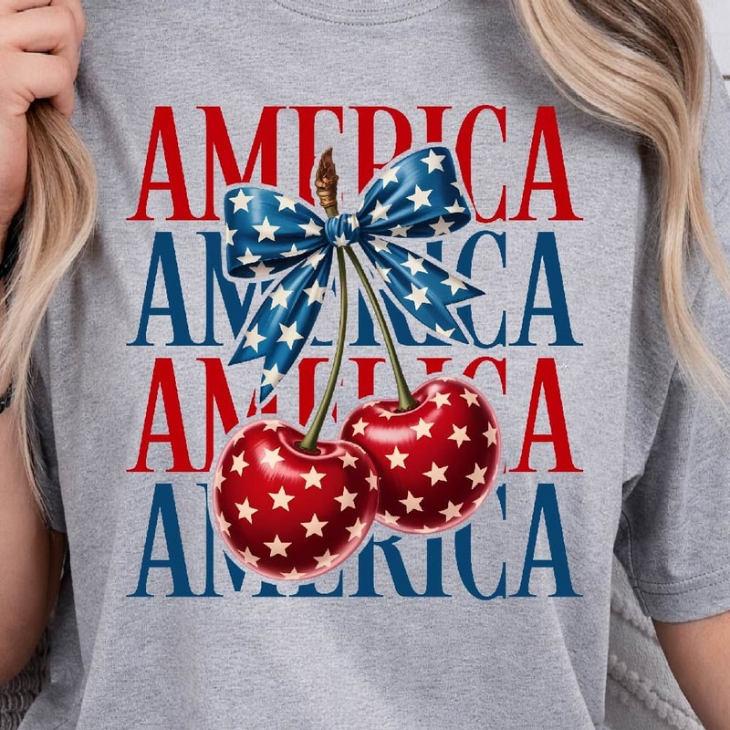 America 4th Of July Cherry Coquette Bow Graphic Tee 2