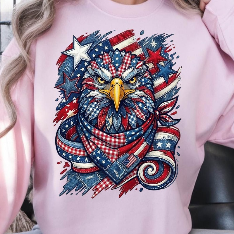 Patriotic Eagle Denim Star American Flag 4th Of July Graphic Tee 1