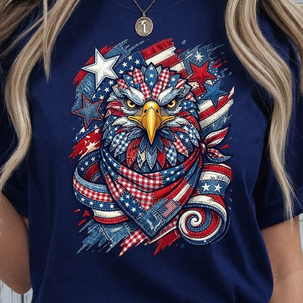 Patriotic Eagle Denim Star American Flag 4th Of July Graphic Tee 2