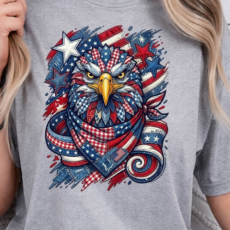 Patriotic Eagle Denim Star American Flag 4th Of July Graphic Tee 0