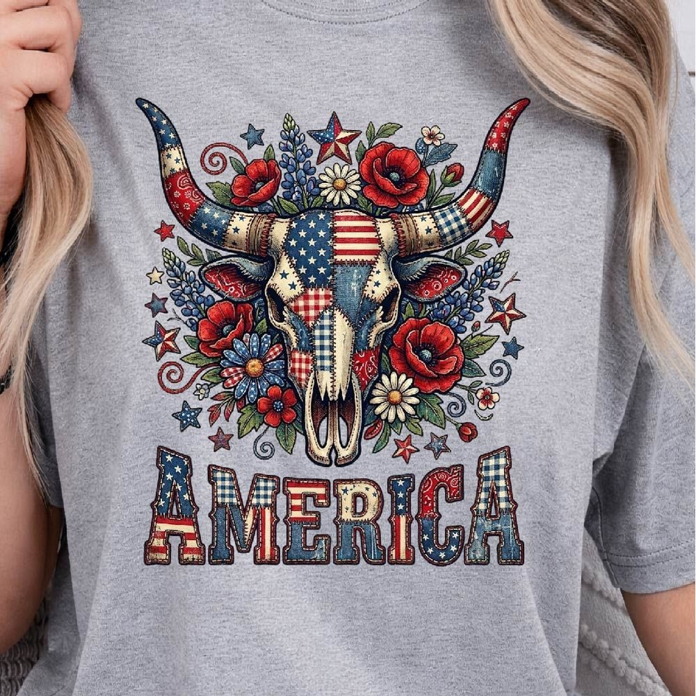 Patriotic Bull Skull American Flag 4th Of July Graphic Tee 1