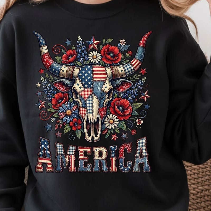 Patriotic Bull Skull American Flag 4th Of July Graphic Tee 2