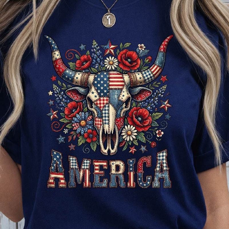 Patriotic Bull Skull American Flag 4th Of July Graphic Tee 4