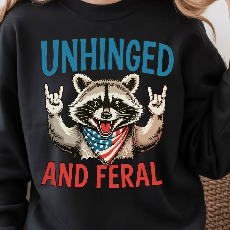 Unhinged And Feral Raccoon 4th Of July Funny Graphic Tee 0