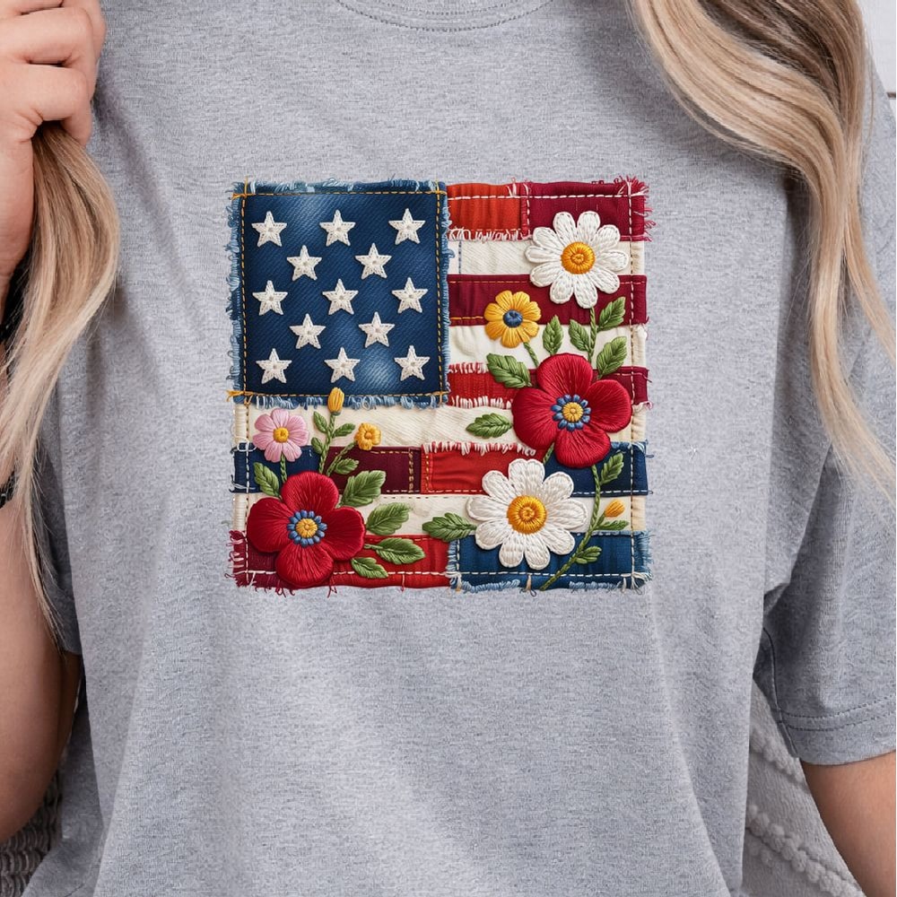 Floral American Flag Patchwork 4th Of July PNG Patriotic Independence Day Clipart Design 1