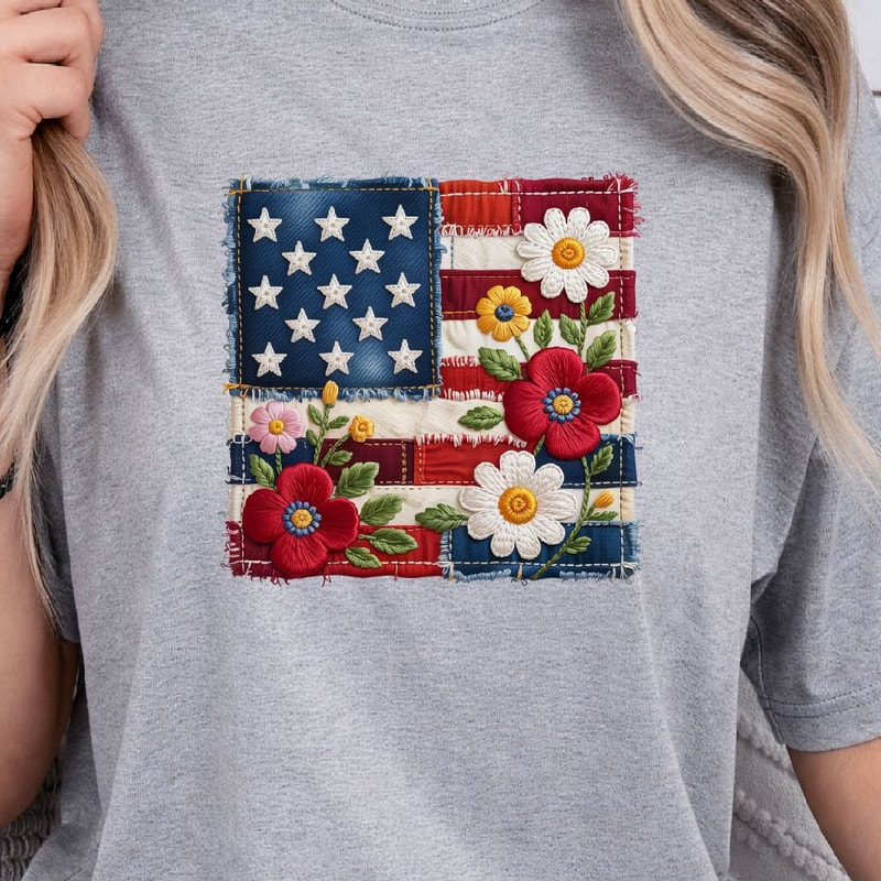 Floral American Flag Patchwork 4th Of July PNG Patriotic Independence Day Clipart Design 1