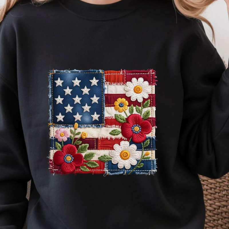 Floral American Flag Patchwork 4th Of July PNG Patriotic Independence Day Clipart Design 0