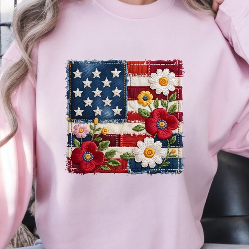 Floral American Flag Patchwork 4th Of July PNG Patriotic Independence Day Clipart Design 2
