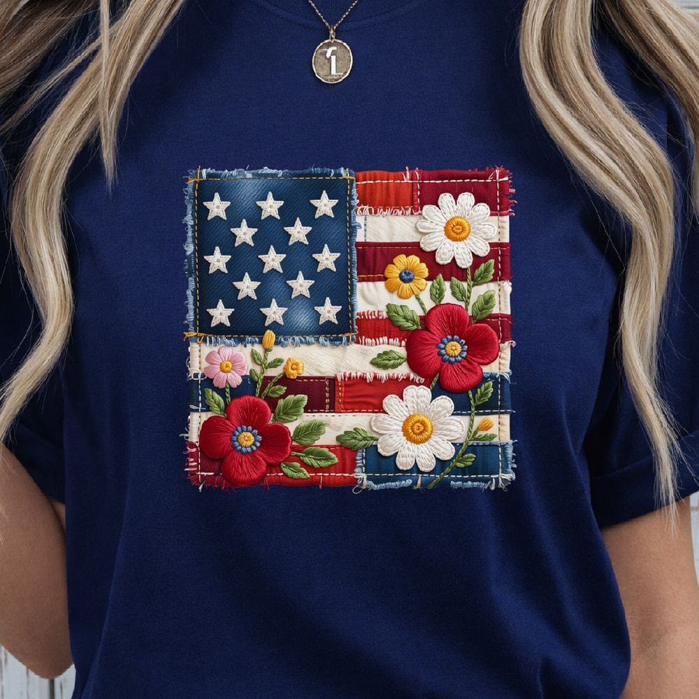 Floral American Flag Patchwork 4th Of July PNG Patriotic Independence Day Clipart Design 3