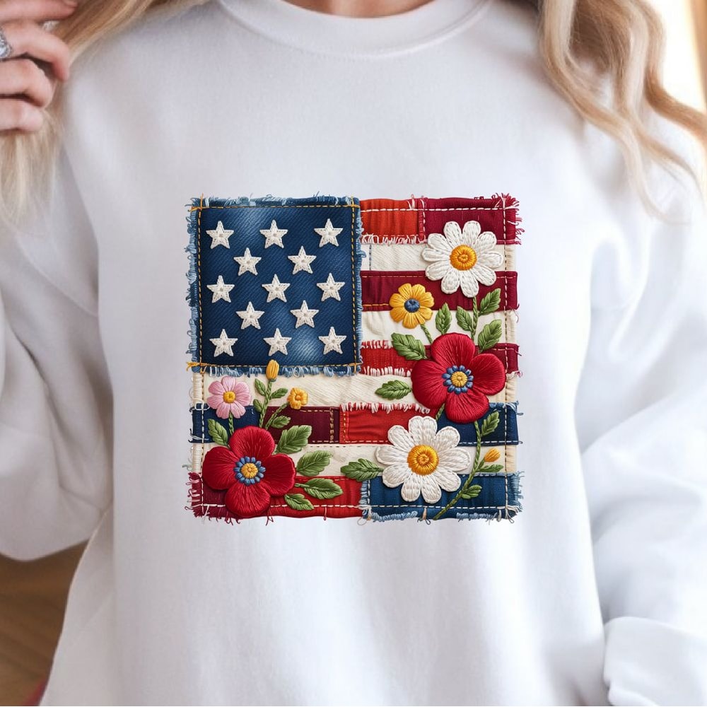 Floral American Flag Patchwork 4th Of July PNG Patriotic Independence Day Clipart Design 4