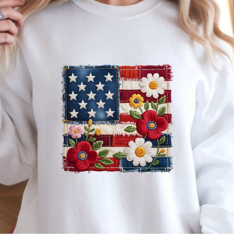 Floral American Flag Patchwork 4th Of July PNG Patriotic Independence Day Clipart Design 4