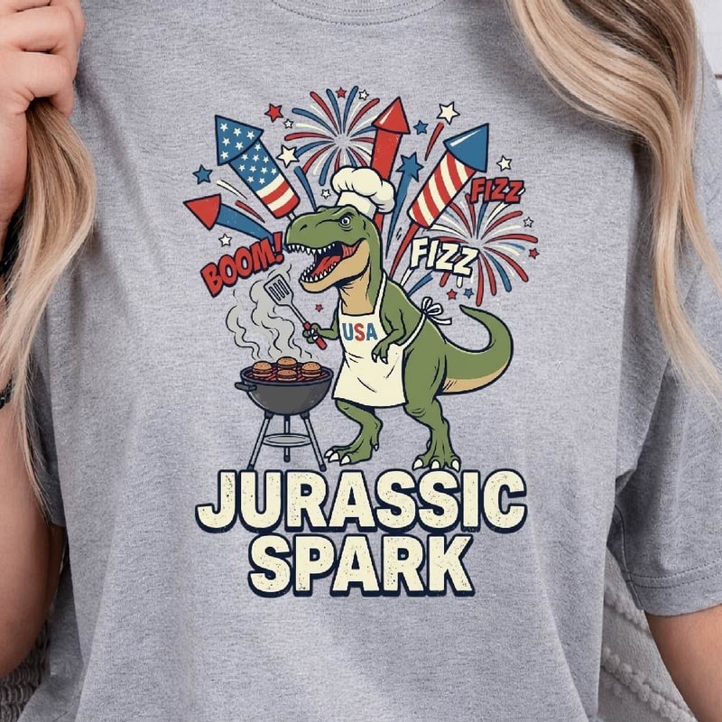 Jurassic Spark BBQ 4th Of July TRex Graphic Tee 2