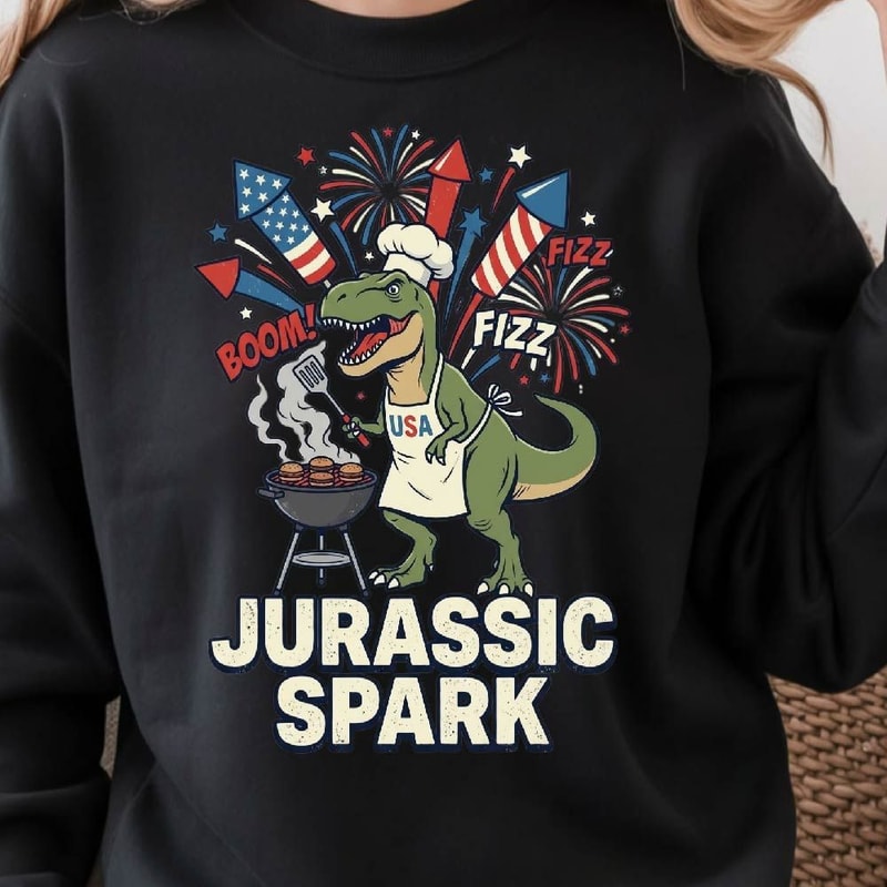 Jurassic Spark BBQ 4th Of July TRex Graphic Tee 3